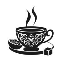 A sleek tea cup silhouette adorned with artistic design elements and rising steam, set against a white background, symbolizing warmth, elegance, and serenity. vector