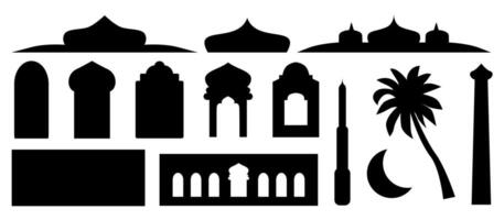 A collection of black silhouettes illustrating iconic Middle Eastern architectural features, suitable for design projects and cultural themes. Islamic architecture composition. vector