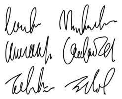 Collection of unique handwritten signatures, showcasing style variations suitable for personalization, artistic projects, or font inspiration. vector