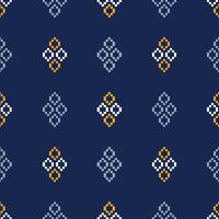 Cross stitch ethnic pattern fabric design blue background motif pixel art. vector
