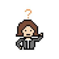 Character 8bit lady girl woman or female with question mark question query questionaire pixel art decor. vector