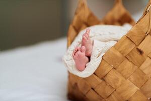 A tender close up of a babys tiny feet resting in a woven basket while an adult hand gently holds them, showcasing warmth, love, and care. photo
