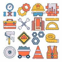 A set of flat design illustrations featuring construction tools and elements, including a hard hat, wrench, gears, bricks, safety vest, toolbox, and traffic cone. Perfect for construction themes. vector