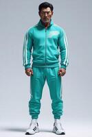 Man in teal tracksuit with minimalist design standing with a determined expression. Studio fashion portrait photo
