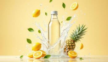 Refreshing lemon and pineapple splash with water bottle on yellow background. photo