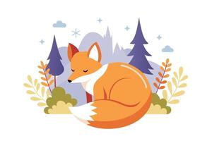 Sleeping Fox in Winter Wonderland Forest Scene Illustration vector