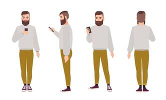 Cute smiling young hipster man with beard dressed in trendy clothes and holding smartphone. Flat male cartoon character isolated on white background. Front, side and back views. illustration. vector