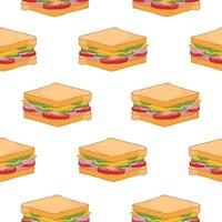 Seamless pattern with delicious sandwiches on white background. Tasty appetizing fast food meal for lunch or dinner. Colorful realistic illustration for wrapping paper, fabric print, wallpaper. vector
