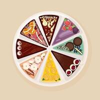Sweet cake or tart divided into eight parts with various tastes and toppings. Delicious baked confection, elegant tasty dessert. Top view. Colorful illustration in flat cartoon style. vector