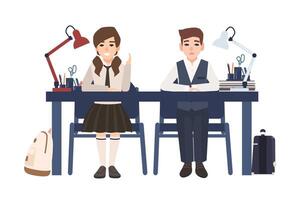 Pair of school boy and girl in uniform sitting at desk isolated on white background. Happy and unhappy pupils listen to lesson in class and prepare to answer. Flat cartoon colored illustration. vector