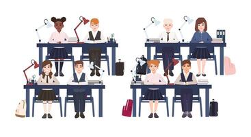 Pupils in uniform sitting at desks in classroom isolated on white background. Sad and smiling elementary school boys and girls on lesson in class. Colorful illustration in flat cartoon style. vector