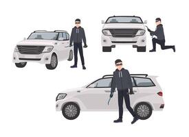 Set of hijacker wearing black clothes and mask standing beside car and trying to break into it. Male cartoon character committing crime isolated on white background. illustration in flat style. vector