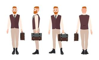 Smiling bearded hipster dressed in formal office clothes and holding briefcase. Flat male cartoon character isolated on white background. Front, side and back views. Colorful illustration. vector