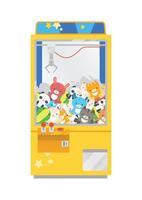 Claw crane machine or teddy picker isolated on white background. Arcade game with plush toys inside, gaming device for kid's entertainment. Colorful illustration in flat cartoon style. vector