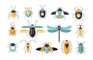 Bundle of different colorful geometric insects with wings and antennas isolated on white background - bugs, beetles, firefly, ladybug, cricket. Cartoon illustration in modern flat style. vector