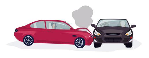 Traffic or motor vehicle accident or car crash isolated on white background. Side collision with two automobiles driven by women involved. Colorful illustration in flat cartoon style. vector