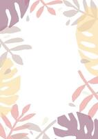 Tropical background or backdrop decorated with colorful translucent leaves of jungle plants. Creative card template, frame or border with exotic foliage. illustration in flat style. vector