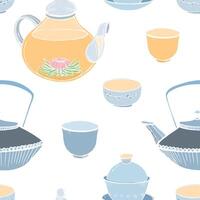 Elegant seamless pattern with traditional Asian tea ceremony tools hand drawn on white background - teapot, cups or bowls, tetsubin kettle. Colorful illustration for textile print, wallpaper. vector