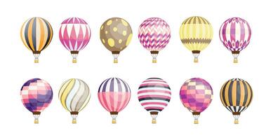 Collection of round hot air balloons of various pattern and color isolated on white background. Bundle of bright colored manned aircrafts. Colorful illustration in flat cartoon style. vector