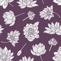 Floral seamless pattern with elegant blooming lotus hand drawn with contour lines on purple background. Backdrop with exotic flowers, buds and leaves. Natural illustration for wrapping paper. vector