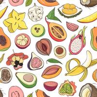 Decorative seamless pattern with cut or split fresh juicy exotic tropical fruits on white background. Hand drawn realistic illustration for fabric print, wrapping paper, backdrop, wallpaper. vector