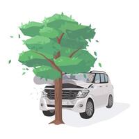 Automobile damaged by colliding with tree. Run-off-road collision. Traffic or motor vehicle accident or car crash isolated on white background. Colorful illustration in flat cartoon style. vector