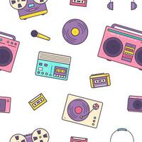 Seamless pattern with retro electronic devices on white background - analog music players, cassette recorder, boombox, turntable. Flat cartoon illustration for wrapping paper, textile print. vector