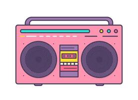 Pink boombox, portable music player with integrated loudspeakers, carrying handle and cassette recorder isolated on white background. Retro electronic device. Flat cartoon illustration. vector