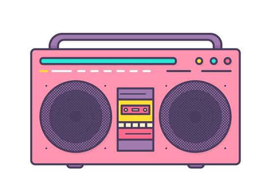 Pink boombox, portable music player with integrated loudspeakers, carrying handle and cassette recorder isolated on white background. Retro electronic device. Flat cartoon illustration.