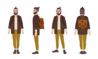 Happy hipster man with glasses and beard dressed in fashionable clothes and with backpack. Flat male cartoon character isolated on white background. Front, side and back views. illustration. vector