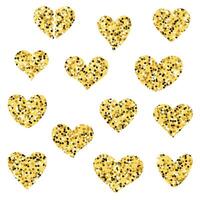 Set of golden glitter hearts in various shapes, including whole and broken designs, isolated on a white background. Perfect for Valentine's Day, wedding decor, and romantic projects. vector