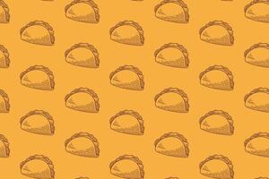 taco with tomato, lettuce, meat doodle seamless pattern on yellow background. taco mexican tasty food engraving pattern background. retro taco food background for restaurant decor and merchandise vector