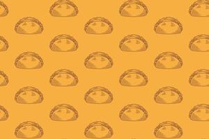 tasty taco food doodle seamless pattern on yellow background. taco mexican food engraving pattern wallpaper. retro taco with tomato, lettuce, meat background for restaurant decor and merchandise vector