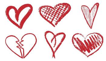 Charcoal hearts set. Pencil or charcoal drawings different love broken heart shape. Chalk drawn sketch for Valentines Day and romantic. kit of textural crayon drawings of simple shapes. vector
