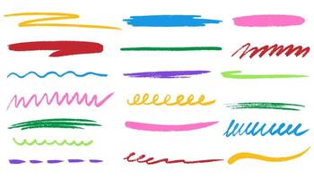 Grunge strikethrough and underline elements. Color Chalk lines, charcoal highlight strokes doodle set. Pencil underlines, kids crayon strips, brush line in sketch style. Crosses and curved strokes. vector