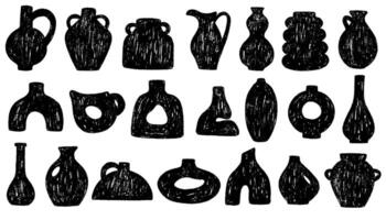 Ceramic vases pottery shapes drawn with crayon. Porcelain hand-draw textured trendy artistic clay pots, vases, jugs, jars. Pencil or charcoal drawings shape collection elements. vector