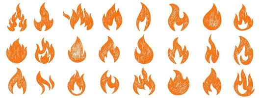Fire shapes drawn with crayon. Hand drawn graffiti shapes. Doodle abstract scribbles and squiggles, fire icons and elements. vector