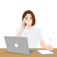 Multitasking woman talking on the phone while writing on a tablet and working on a laptop. vector