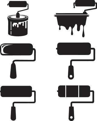 Paint roller icon collection. Wall paint roller tool icons set.