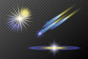 set of realistic glowing stars and light rays background vector