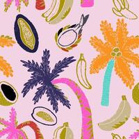 a pattern with palm, trees and bananas vector
