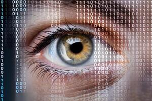 Human eye with binary code symbolizes surveillance or digital integration photo