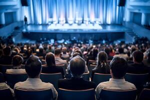 An audience facing a lit stage suggests focus and importance photo