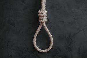 Noose like rope knot on gray backdrop symbolizes tension or introspection photo