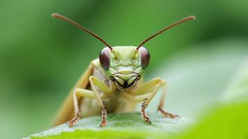 Close Up Macro Shot of Green Grasshopper on Leaf with Bokeh Background photo