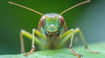 Macro Close Up of Green Grasshopper on Leaf with Blurred Background photo