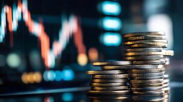 Stack of Coins with Financial Graph in Background Symbolizing Economic Growth and Investment photo