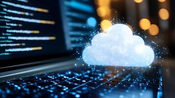 Digital Cloud Technology Concept with Luminous Cloud and Binary Code on Computer Keyboard photo