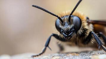 Macro Close-up of a Wild Bee with Fuzzy Body and Large Eyes on a Natural Background photo