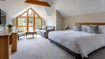 Contemporary hotel suite with king-size bed and scenic mountain views through large windows photo